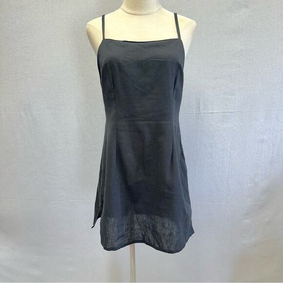ASOS DESIGN Linen Square Neck Mini Slip Sundress In Black US size 8 Open Back - Picture 2 of 15